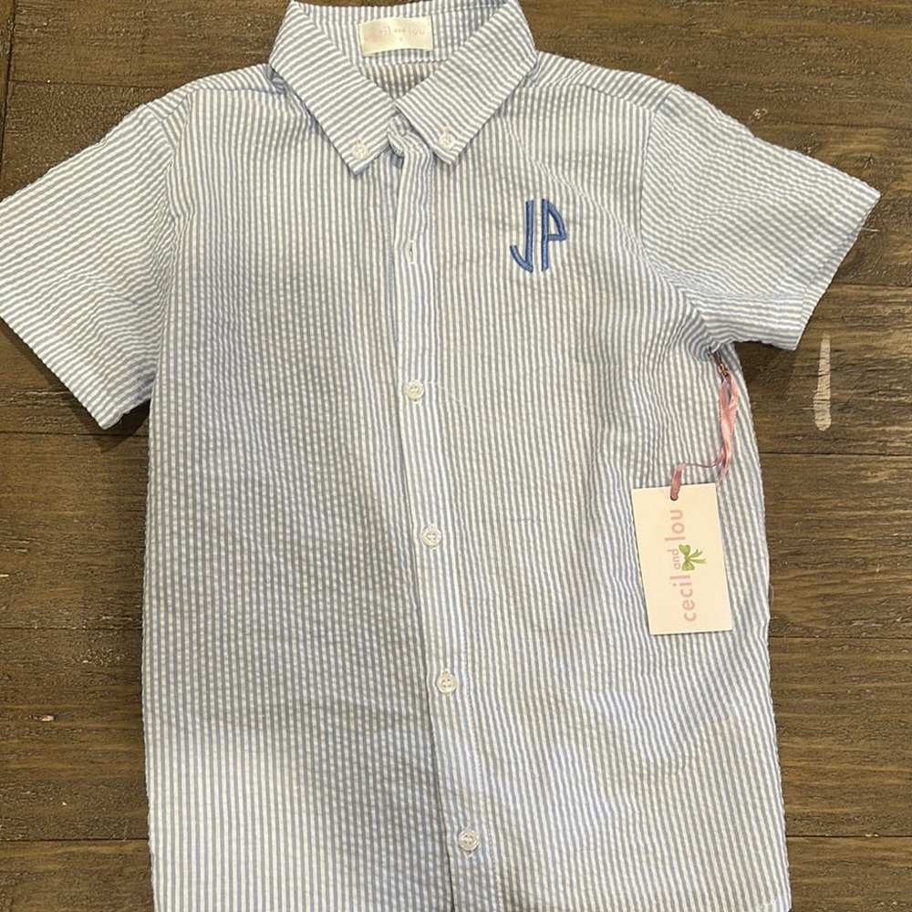 Blue Striped Kids Shirt personalized embroidered “JP”